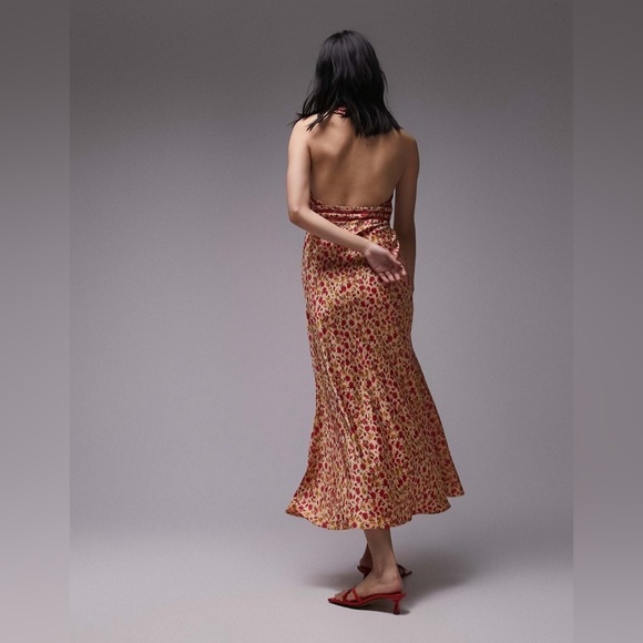 Topshop satin slip dress with lace insert in orange print B1411 - Picture 4 of 7